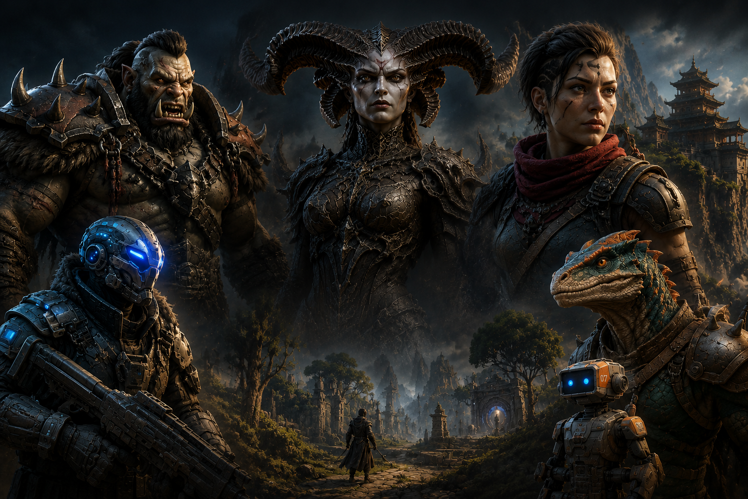 Cinematic game character lineup: orc warrior, demon queen, sci-fi soldier and creature companions